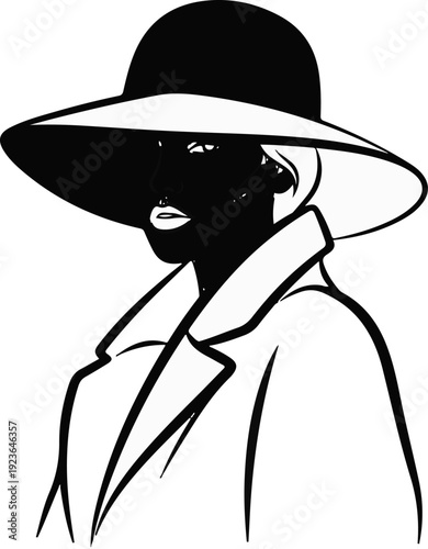 Fashionable woman in a wide-brimmed hat and elegant coat, black and white
