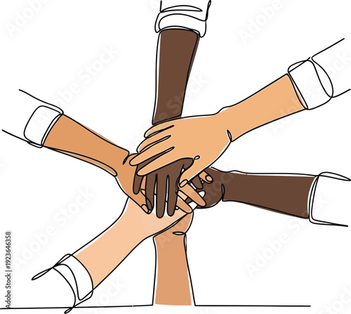 Diverse group of hands stacked together in a powerful one line drawing symbolizing unity teamwork and mutual support among different people