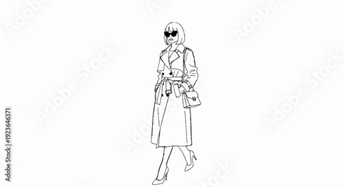 Fashionable woman in trench coat, sunglasses, and heels, carrying a handbag