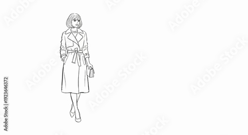 Fashionable woman in trench coat with purse, sketch