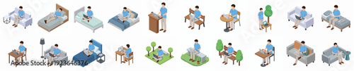 Isometric Person Working and Relaxing in Different Location Illustration Set