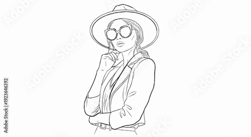 Fashionable woman in wide-brimmed hat and sunglasses, posed contemplatively