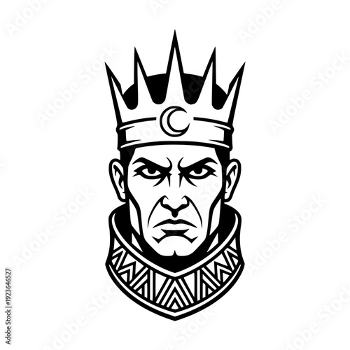 Angry King Head Logo Vector with Crown and Crescent Moon Symbol