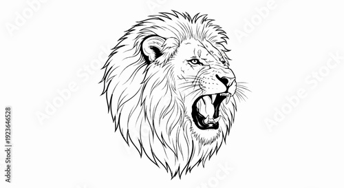 Ferocious lion head roaring with open mouth and sharp teeth, detailed mane