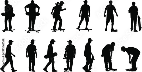 Black silhouette set of skateboarders and skaters, diverse men with skateboards in various action and standing poses isolated on white.