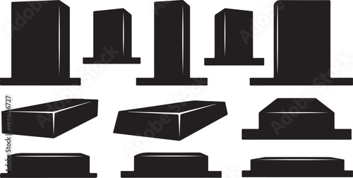 Collection of various black tombstones and grave monuments illustration