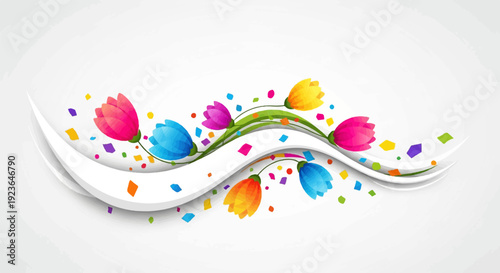 Festive colorful tulips with confetti on white background, abstract design