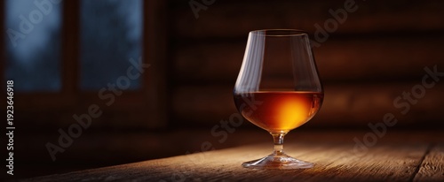 A brandy snifter glass glows like a cozy campfire on rustic wood.