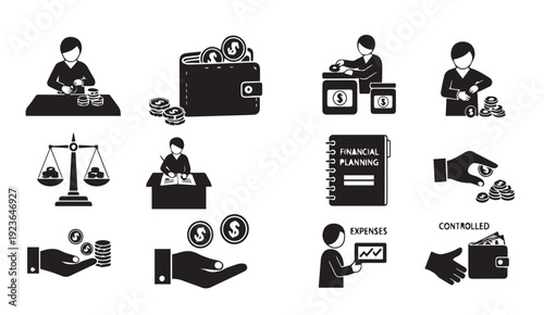Financial planning icons set for business and budgeting