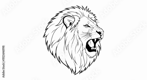 Fierce black and white line art drawing of a roaring lion's head profile