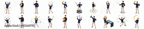 Flat Illustration Set of Successful Business Man in Various Activities