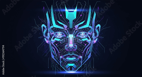 Futuristic digital human face with glowing cyan and purple lines