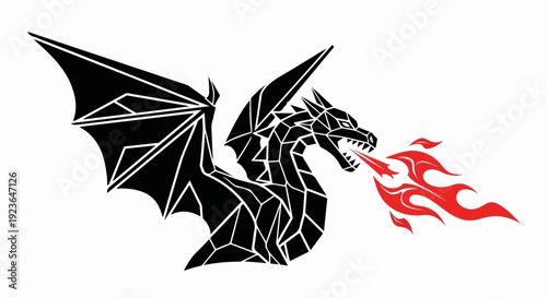 Fierce black dragon with white geometric markings breathes red fire