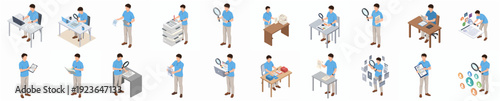 Isometric Man Character Poses in Different Scenarios and Work Activities Occupation
