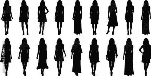 Women walking silhouettes collection, female front view elegant casual poses isolated on white background fashion illustration set
