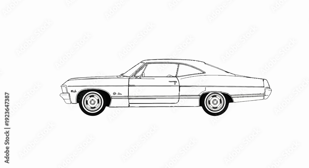 Fototapeta premium Line art outline of a classic coupe car, presented in profile