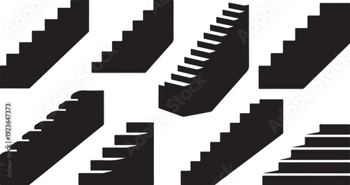 Multiple black staircases on white background in geometric pattern