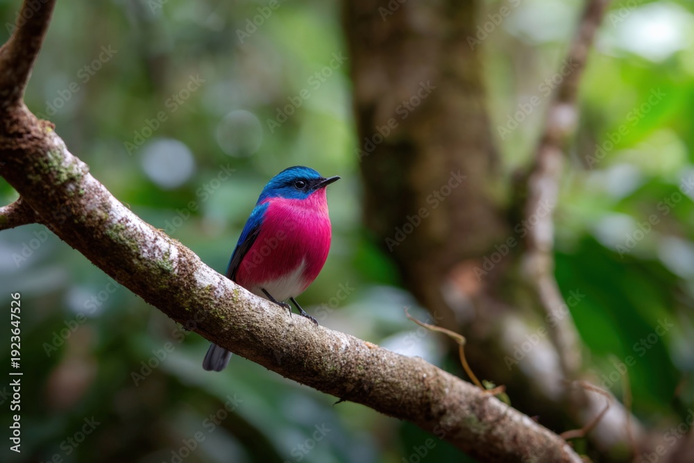 Fototapeta premium Vibrant pink and blue bird perched on forest branch in lush greenery