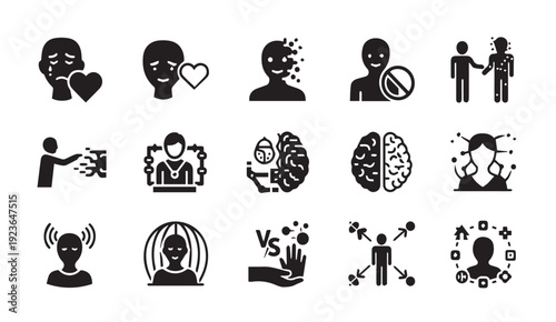 Collection of modern black icons depicting human emotions and connections