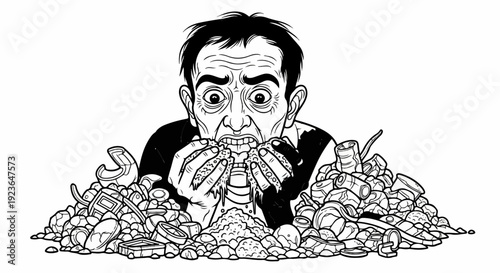 Man overwhelmed by junk, struggling to eat amid piles of refuse