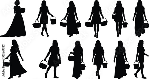 Black silhouette set of women in dresses carrying baskets and buckets, farm girl walking collection, female villagers isolated on white.