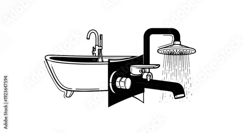 Illustration of a bathtub and shower with running water and a faucet