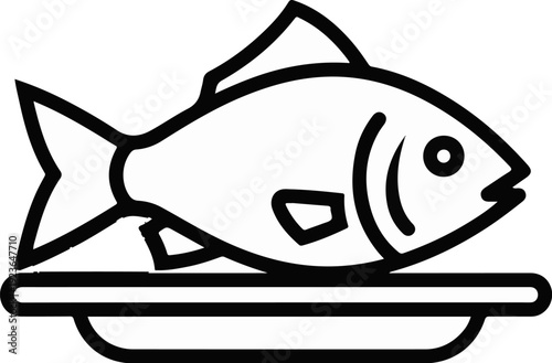 Line art of a whole fish served on a platter