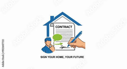 Illustration of a house, contract, and signing