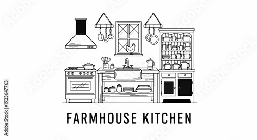 Line art of a rustic kitchen with a stove, sink, and hutch