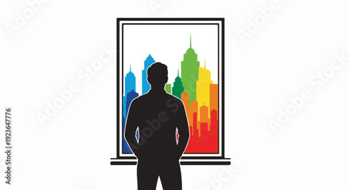 Man's silhouette facing a vibrant, colorful cityscape through a framed window