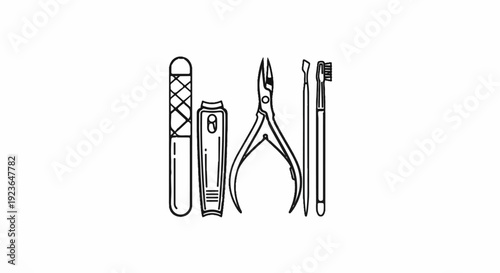 Manicure tools file, clippers, cuticle pusher, and brush on white