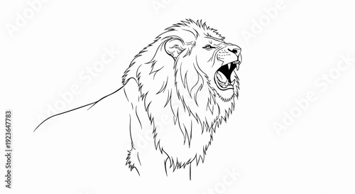 Line art of a roaring lion with a thick mane, showing sharp teeth