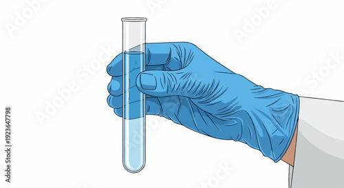 Hand in blue glove holding a test tube with blue liquid