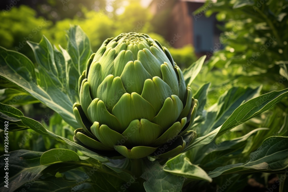 Fototapeta premium Green artichoke bud on a plant, bathed in warm sunlight in a healthy garden