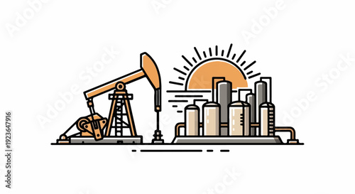 Industrial landscape with oil pumpjack, refinery towers, and sun