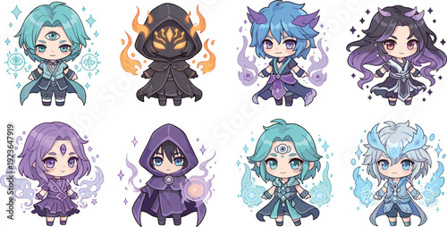Cute Chibi Mage and Fantasy Character Set with Magic Powers, Elemental Effects and Anime Style Costumes for Game Illustration Designs