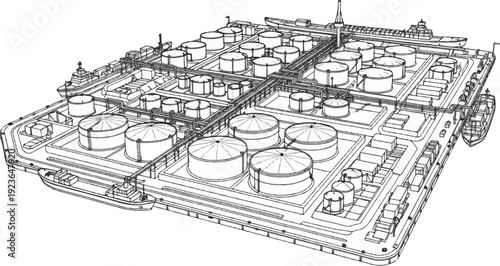 Industrial complex with storage tanks and ships in line drawing style