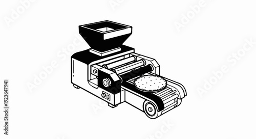 Industrial machine processing a circular food item on a conveyor belt