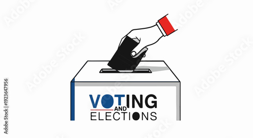 Hand placing ballot into voting box labeled "VOTING AND ELECTIONS
