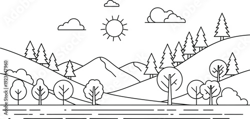 Minimalist black and white line art illustration depicting a serene natural landscape scene with rolling hills pine trees and a bright sun.