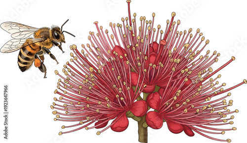 A bee flying towards a vibrant red flower with long stamens on a white background