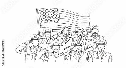 Military personnel salute under a waving flag, sketch style
