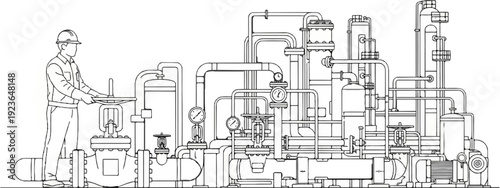 Industrial worker operates complex machinery with pipes, valves, and gauges
