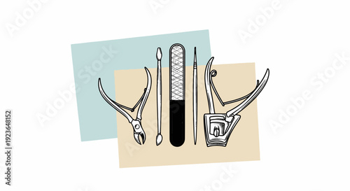 Hand-drawn collection of nail care tools on a pastel background