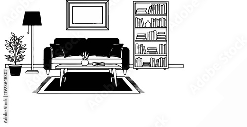 Interior scene with sofa, coffee table, bookshelf, floor lamp, and plant