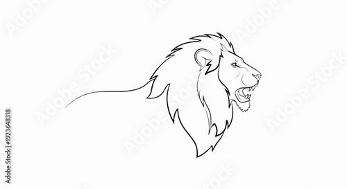 Line art depicts a majestic lion with a flowing mane, roaring powerfully
