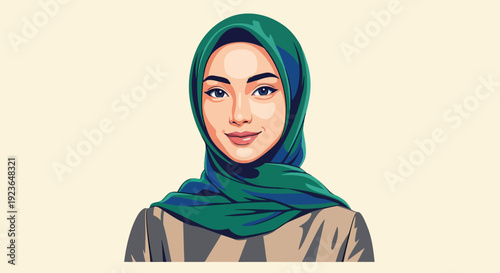 Illustration of a young woman wearing a green hijab, portrait view, focusing on her face and attire, showcasing cultural dress and modern style