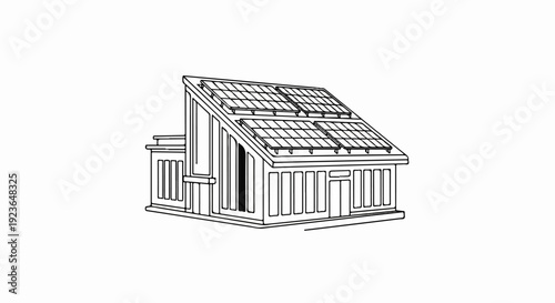 Line art depicts a structure with solar panels on its angled roof