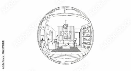 Interior sketch of a modern living room and kitchen within a spherical frame