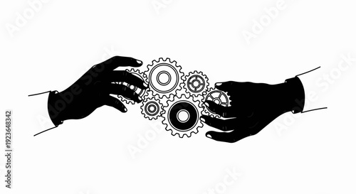 Interlocking gears manipulated by two silhouetted hands